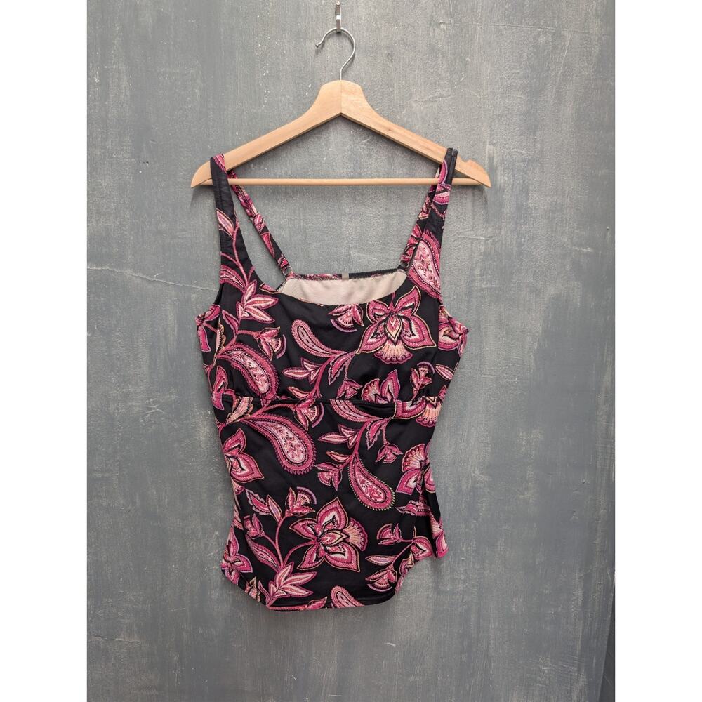 Lands’ End Black Pink Floral Tankini Swim Top Size 16 Under wired Built In Bra